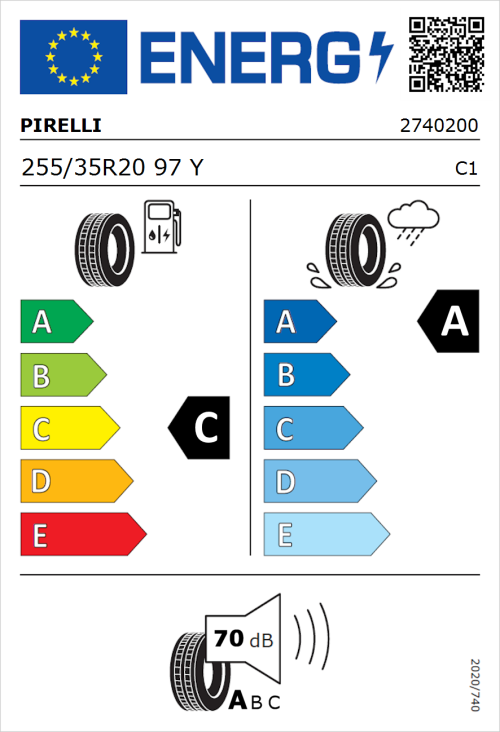 Tyre Label for Pirelli P Zero 255/35R20 97Y