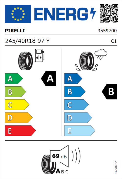Tyre Label for Pirelli Cinturato P7 (P7C2) 245/40R18 97Y