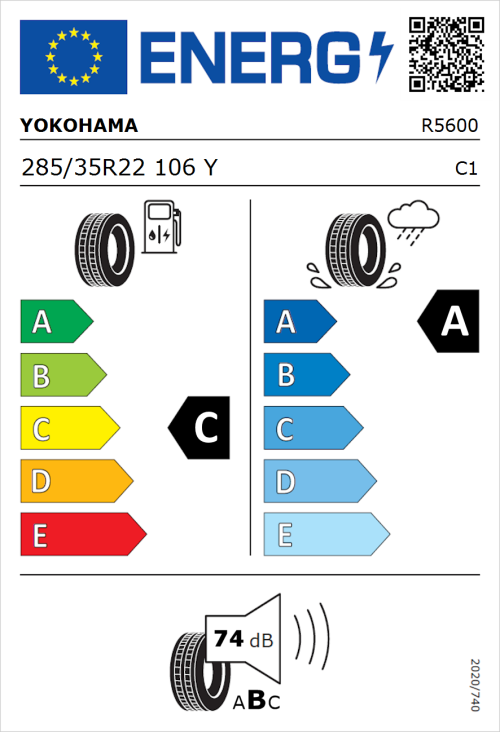 Tyre Label for Yokohama V105 285/35R22 106Y