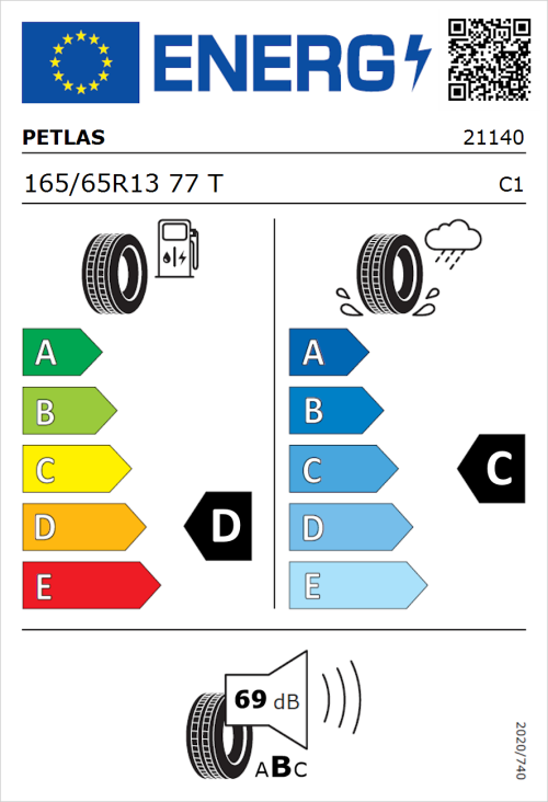Tyre Label for Petlas Elegant PT311 165/65R13 77T