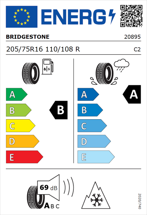 Tyre Label for Bridgestone Duravis Van 205/75R16 110/108R