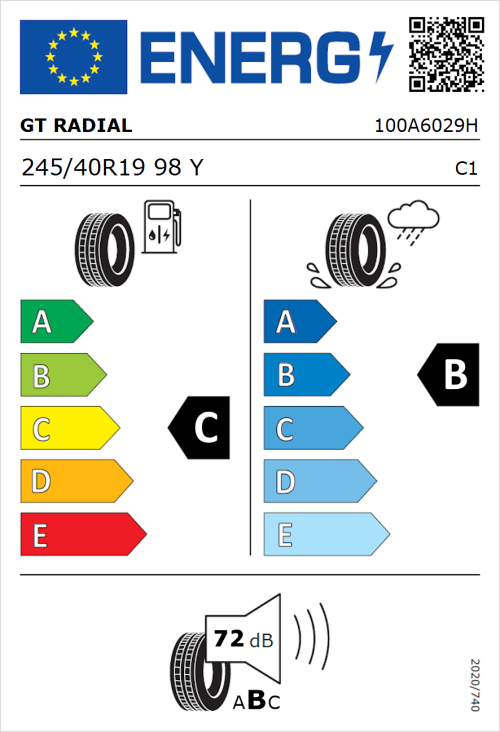Tyre Label for GT Radial Sport Active 245/40R19 98Y