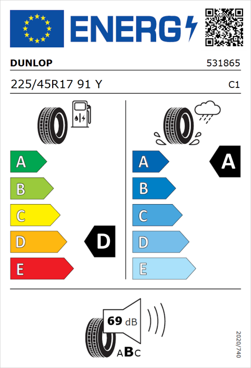Tyre Label for Dunlop SP SportMaxx RT 225/45R17 91Y