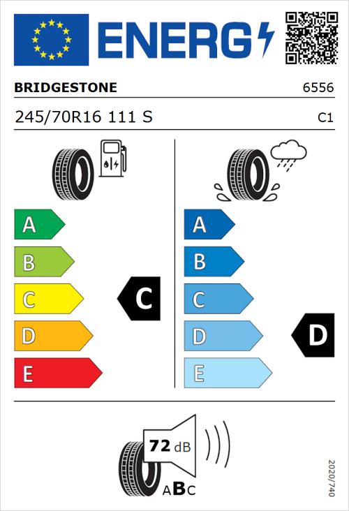 Tyre Label for Bridgestone Dueler H/T 689 245/70R16 111S
